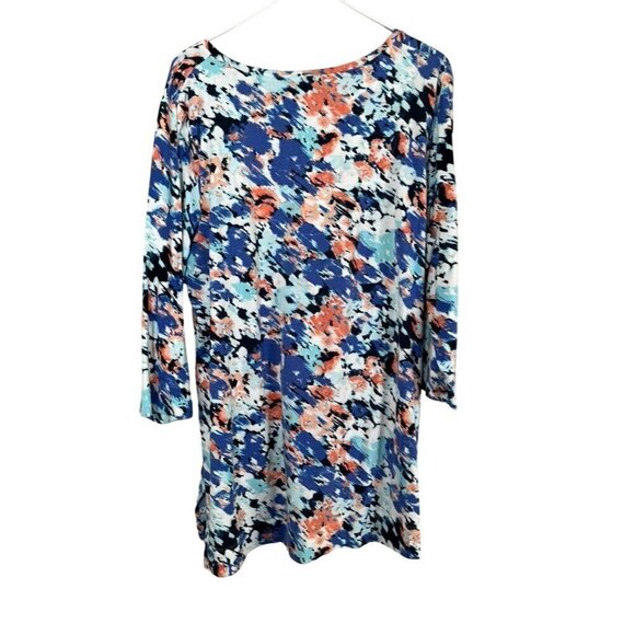 Chicos Top Women L Blue Tunic Floral Boho Western Office Coastal Classic Knit - Picture 9 of 12